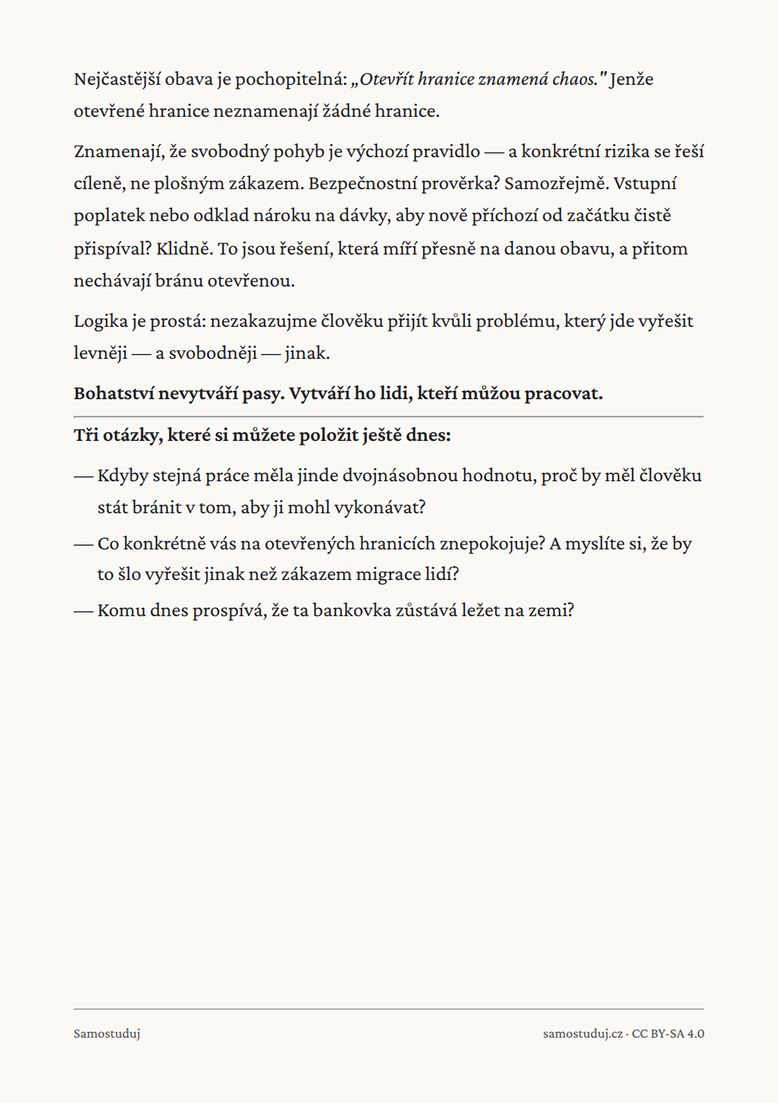 Zadní strana letáku Otevřené hranice: bilion na chodníku