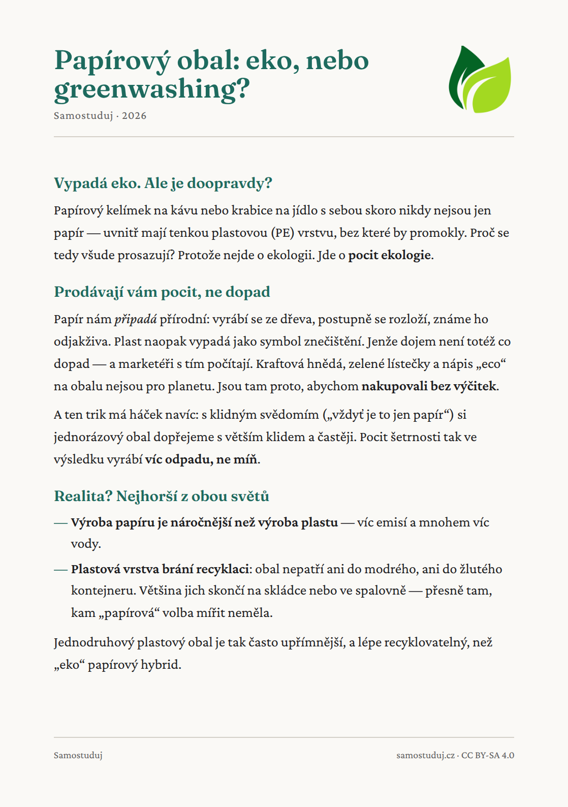 Přední strana letáku Papírový obal: eko, nebo greenwashing?