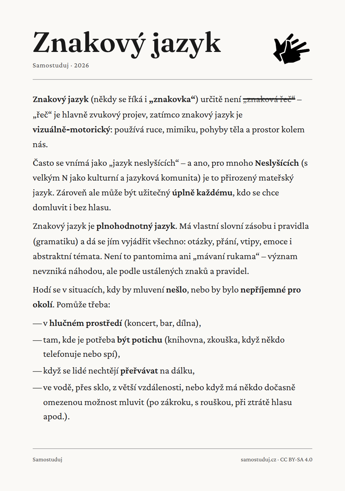 Přední strana letáku Znakový jazyk