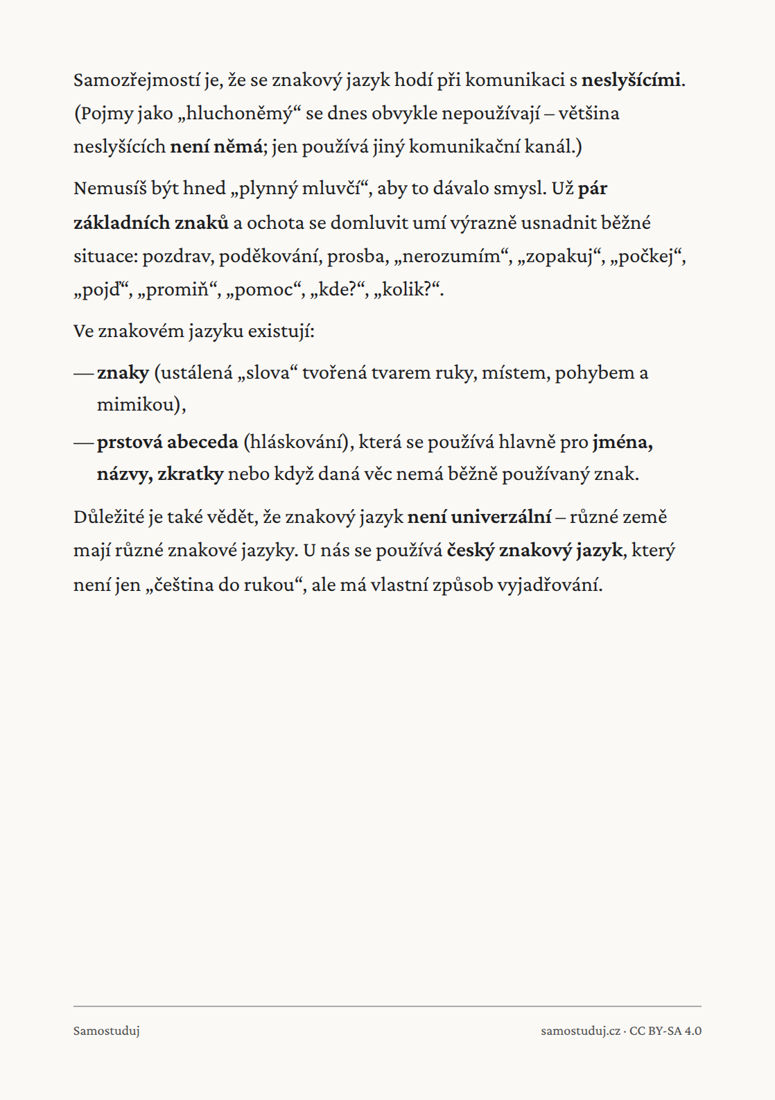 Zadní strana letáku Znakový jazyk